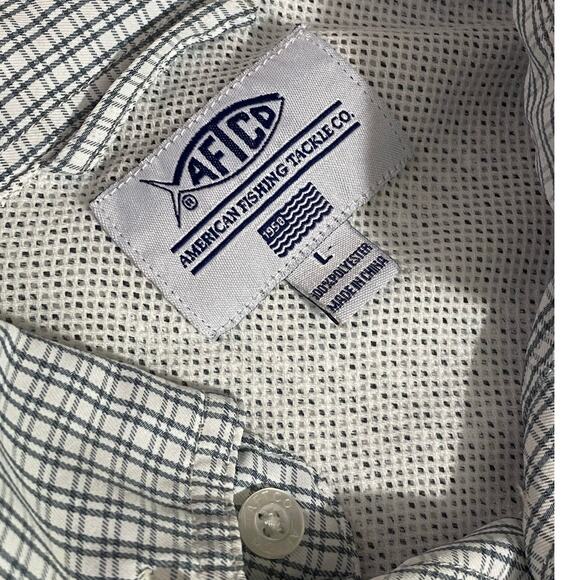 AFTCO Shirt Size L Light Checkered Short Sleeve Button-Up Coastal Utility Style - Picture 5 of 11